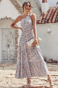 One Shoulder Ruffle Tie Floral Print Summer Maxi Dress PRETTYGARDEN