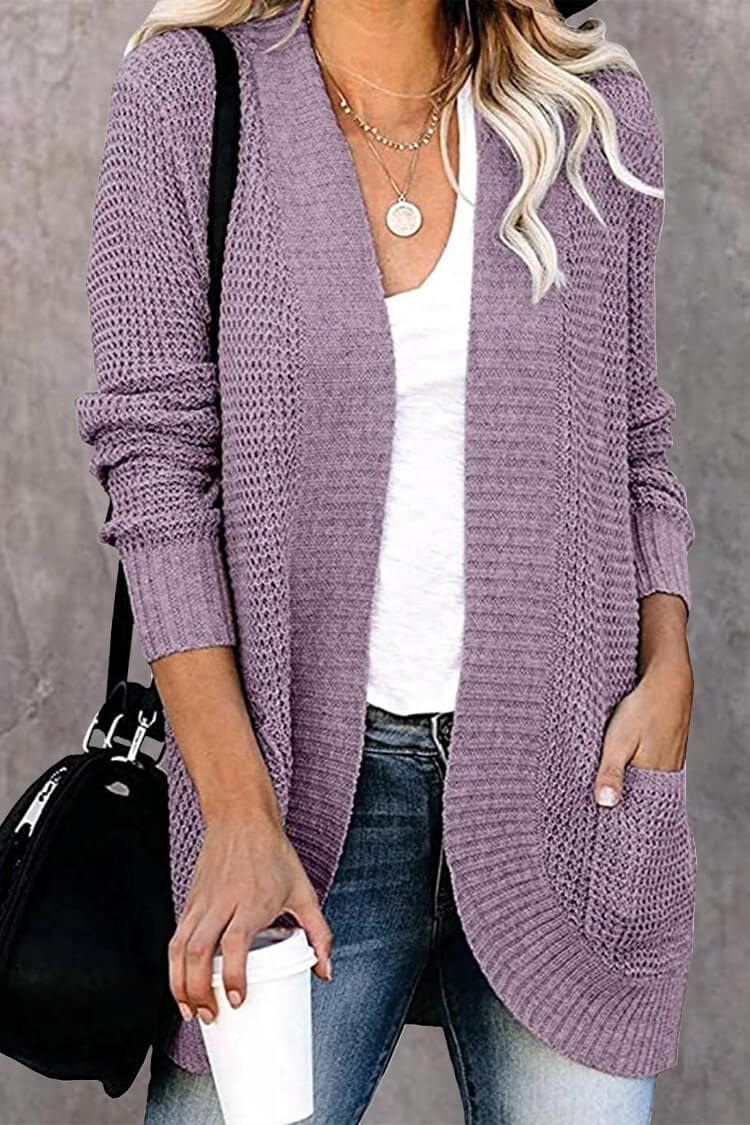 Open Front Long Seeve Cardigan Knitted Sweater Cardigan With Side Pockets PRETTYGARDEN