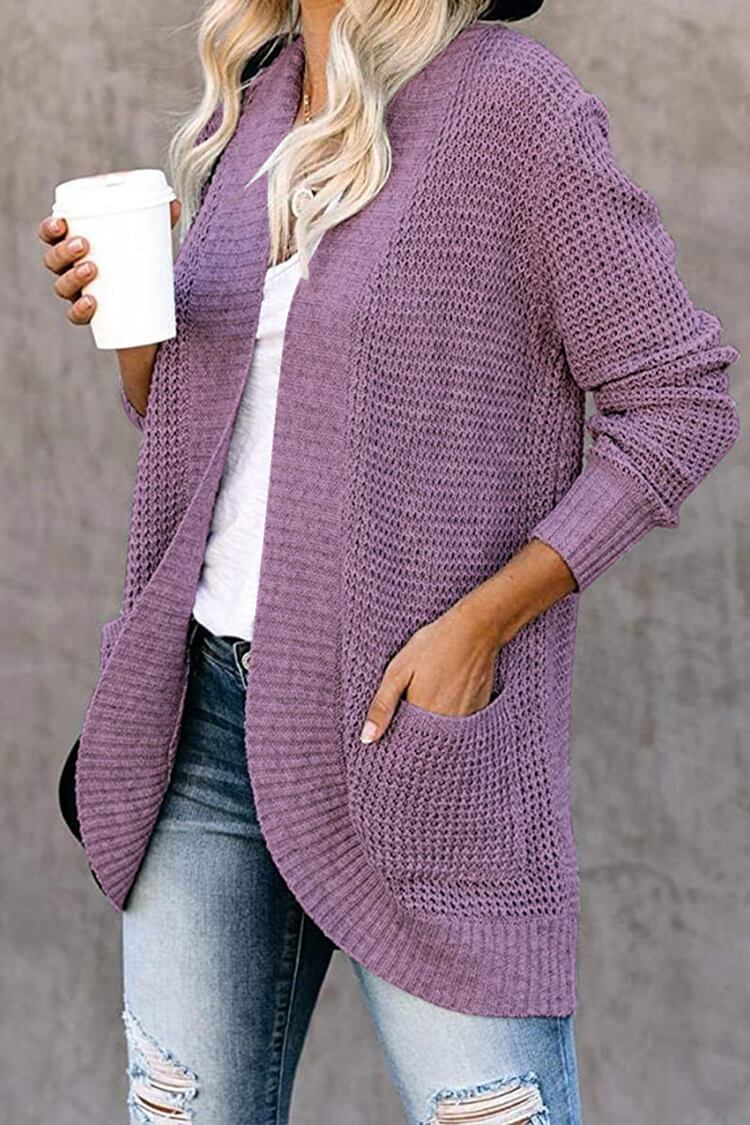 Open Front Long Seeve Cardigan Knitted Sweater Cardigan With Side Pockets PRETTYGARDEN