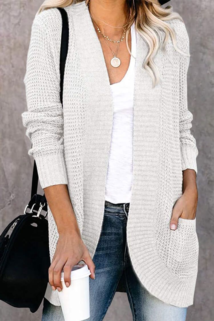 Open Front Long Seeve Cardigan Knitted Sweater Cardigan With Side Pockets PRETTYGARDEN