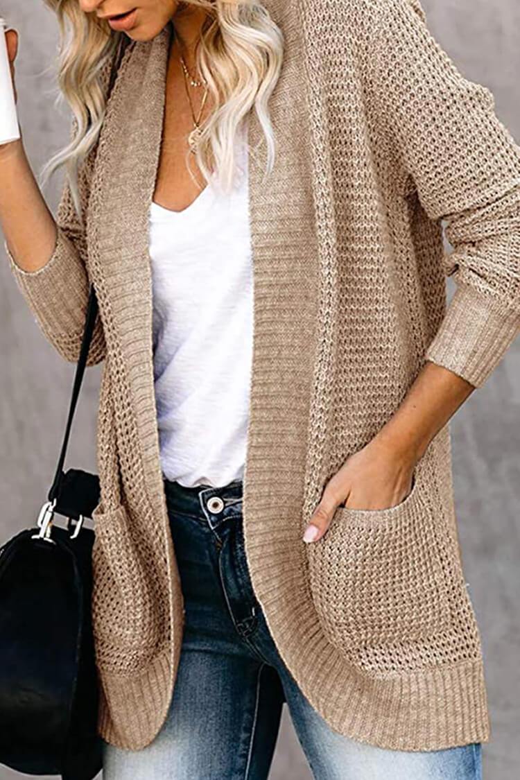 Open Front Long Seeve Cardigan Knitted Sweater Cardigan With Side Pockets PRETTYGARDEN