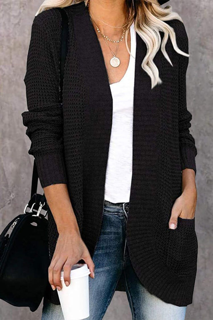 Open Front Long Seeve Cardigan Knitted Sweater Cardigan With Side Pockets PRETTYGARDEN