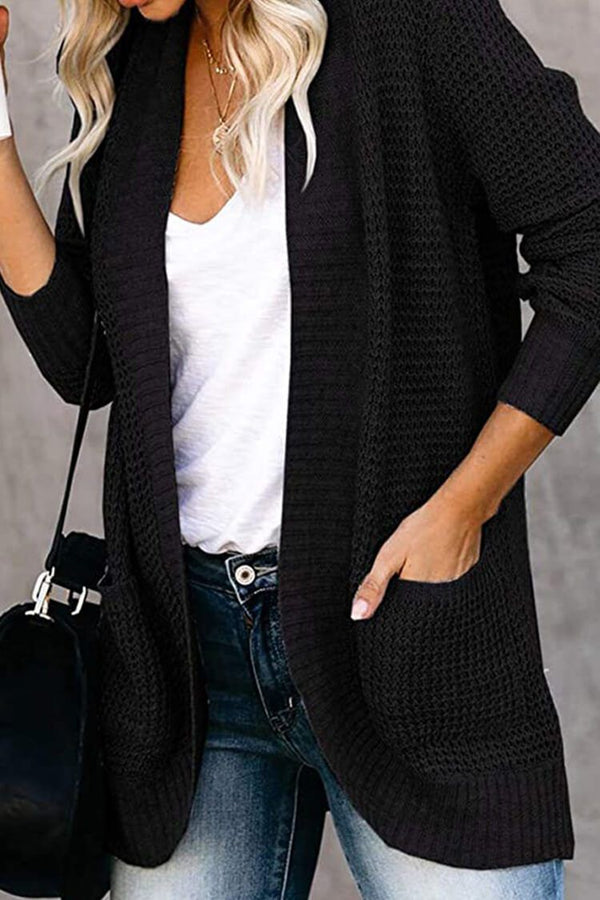 Open Front Long Seeve Cardigan Knitted Sweater Cardigan With Side Pockets PRETTYGARDEN