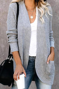 Open Front Long Seeve Cardigan Knitted Sweater Cardigan With Side Pockets PRETTYGARDEN