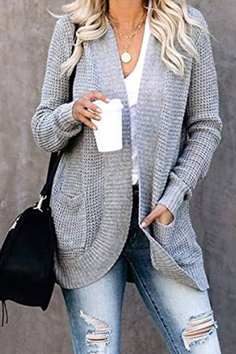 Open Front Long Seeve Cardigan Knitted Sweater Cardigan With Side Pockets PRETTYGARDEN