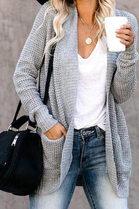 Open Front Long Seeve Cardigan Knitted Sweater Cardigan With Side Pockets PRETTYGARDEN