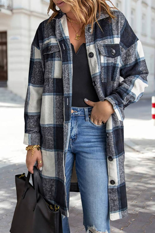 Oversized Long Sleeve Plaid Shacket Flap Pockets Long Shirt Jacket PRETTYGARDEN