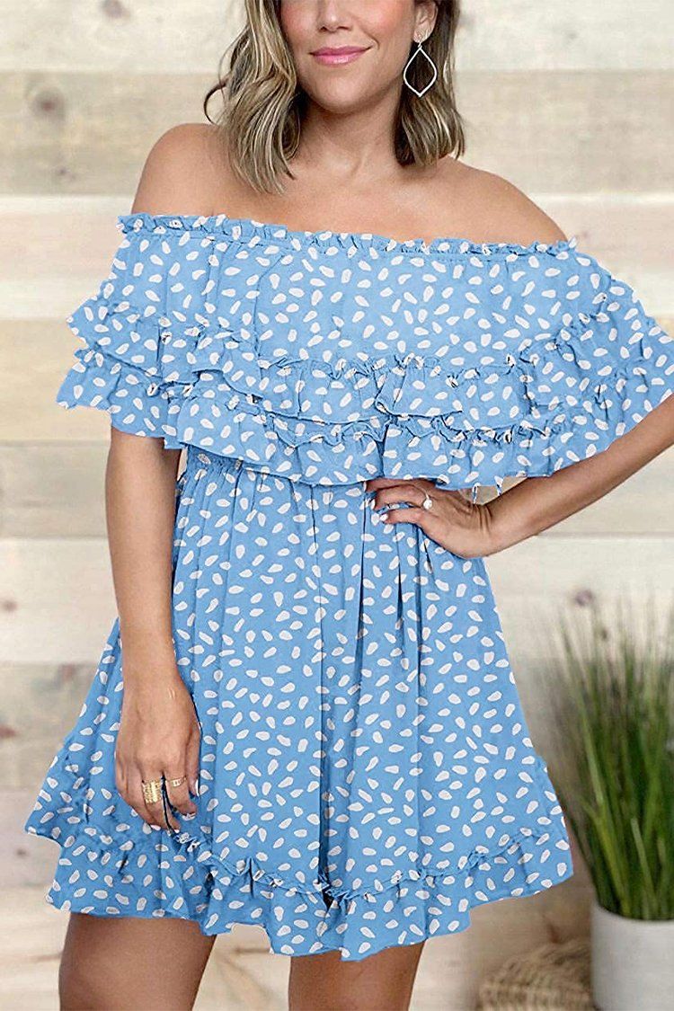 PRETTYGARDEN 2021 Summer Womens Off Shoulder Mini Dress Polka Dot High Waist Half Sleeves Swing Ruffle Short Flared Dress PRETTYGARDEN