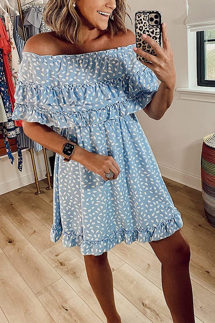 PRETTYGARDEN 2021 Summer Womens Off Shoulder Mini Dress Polka Dot High Waist Half Sleeves Swing Ruffle Short Flared Dress PRETTYGARDEN