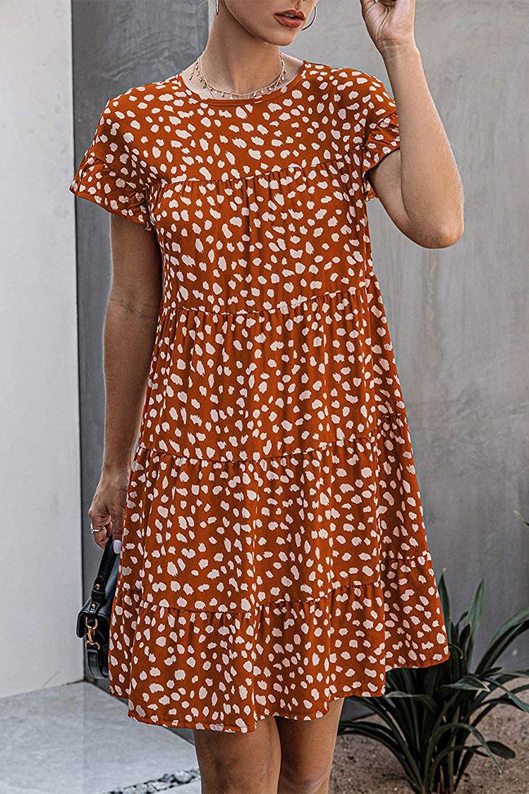 PRETTYGARDEN 2021 Summer Womens Ruffle Mini Dress Short Sleeves Leopard Floral Round Neck Loose Pleated Dress PRETTYGARDEN