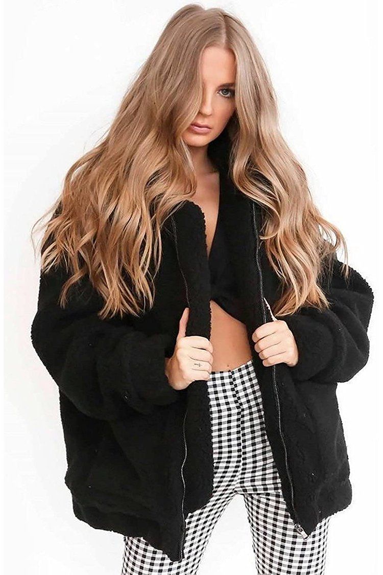 PRETTYGARDEN Women's Fashion Long Sleeve Lapel Zip Up Faux Shearling Shaggy Oversized Coat Jacket with Pockets Warm Winter PRETTYGARDEN