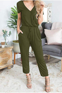 PRETTYGARDEN Women's Summer Casual Deep V Neck Short Sleeve Wrap Drawstring Waist Jumpsuit Romper with Pockets PRETTYGARDEN