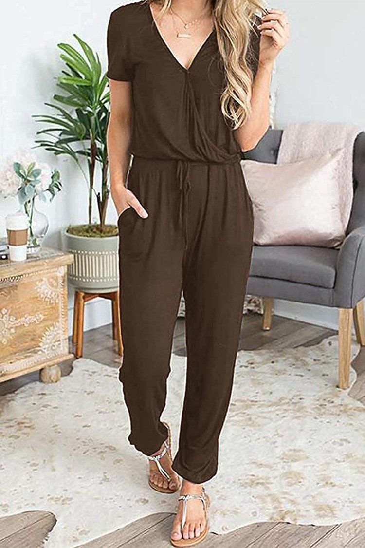 PRETTYGARDEN Women's Summer Casual Deep V Neck Short Sleeve Wrap Drawstring Waist Jumpsuit Romper with Pockets PRETTYGARDEN