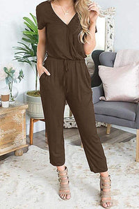 PRETTYGARDEN Women's Summer Casual Deep V Neck Short Sleeve Wrap Drawstring Waist Jumpsuit Romper with Pockets PRETTYGARDEN