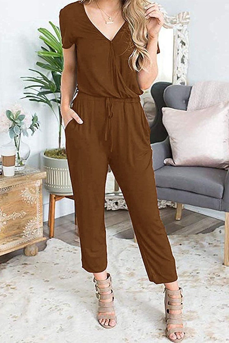 PRETTYGARDEN Women's Summer Casual Deep V Neck Short Sleeve Wrap Drawstring Waist Jumpsuit Romper with Pockets PRETTYGARDEN