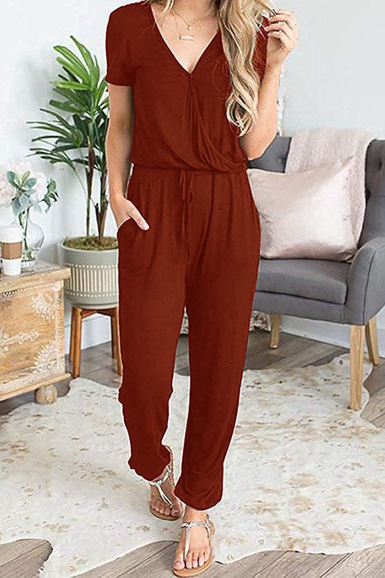 PRETTYGARDEN Women's Summer Casual Deep V Neck Short Sleeve Wrap Drawstring Waist Jumpsuit Romper with Pockets PRETTYGARDEN