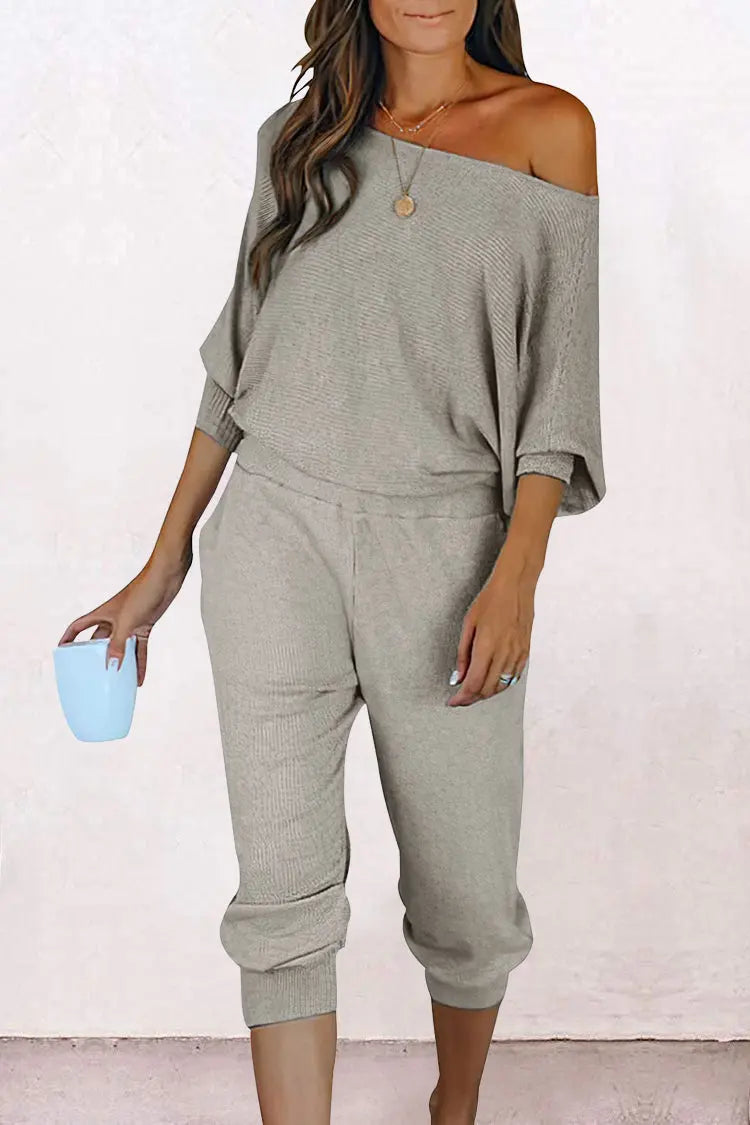 PRETTYGARDEN Women's 2 Piece Ribbed Tracksuit Outfits Off Shoulder Long Sleeve Pullover Lounge Pants with Pockets PRETTYGARDEN