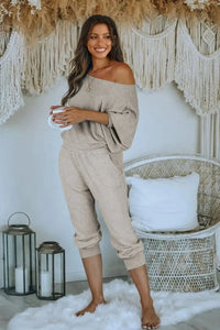 PRETTYGARDEN Women's 2 Piece Ribbed Tracksuit Outfits Off Shoulder Long Sleeve Pullover Lounge Pants with Pockets PRETTYGARDEN