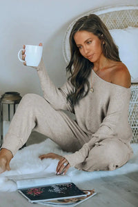 PRETTYGARDEN Women's 2 Piece Ribbed Tracksuit Outfits Off Shoulder Long Sleeve Pullover Lounge Pants with Pockets PRETTYGARDEN