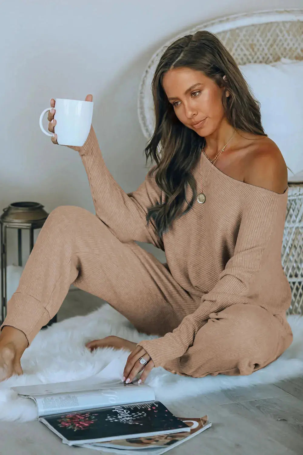 PRETTYGARDEN Women's 2 Piece Ribbed Tracksuit Outfits Off Shoulder Long Sleeve Pullover Lounge Pants with Pockets PRETTYGARDEN