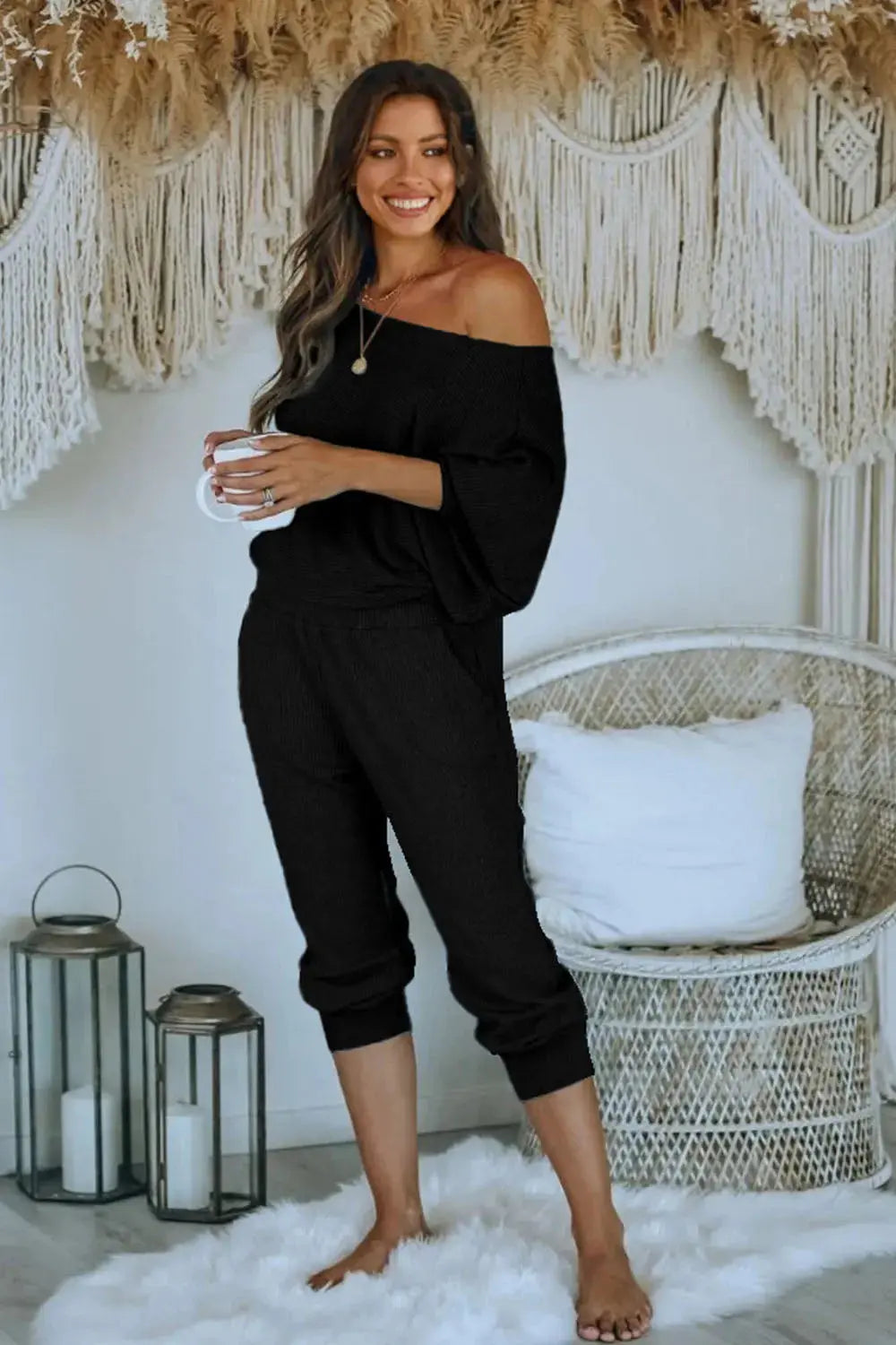 PRETTYGARDEN Women's 2 Piece Ribbed Tracksuit Outfits Off Shoulder Long Sleeve Pullover Lounge Pants with Pockets PRETTYGARDEN