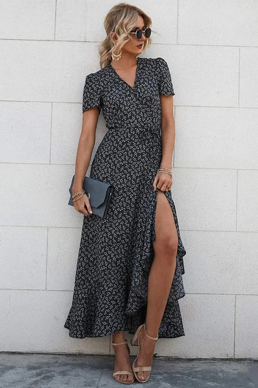 Polka Dot/ Floral V Neck Short Sleeve Wrap Ruffle Hem Split Long Dresses freeshipping