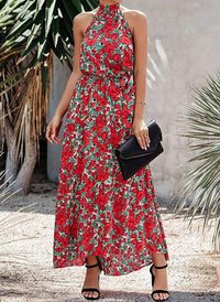 PRETTYGARDEN Womens Casual Halter Neck Sleeveless Floral Long Maxi Dress Backless Loose Ruffle Sundress with Belt PRETTYGARDEN