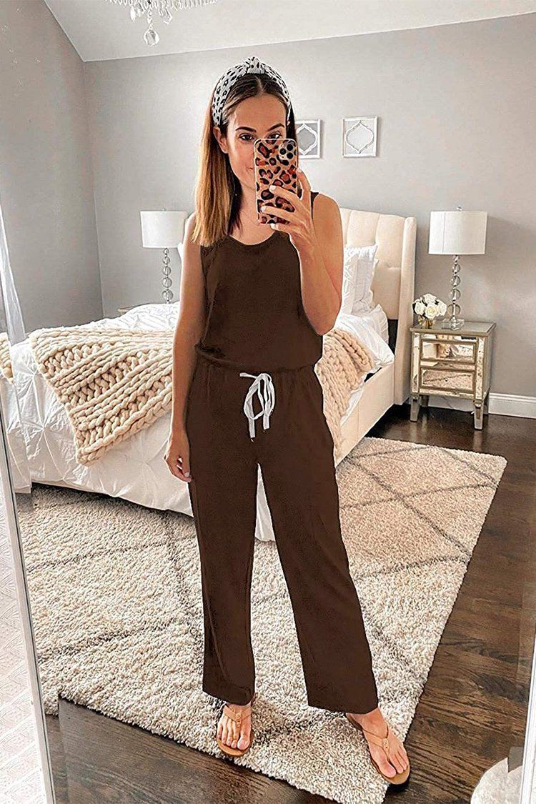 PRETTYGARDEN Womens Casual Solid Sleeveless Jumpsuit Crewneck Drawstring Waist Stretchy Long Pants Romper with Pockets PRETTYGARDEN