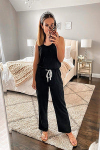 PRETTYGARDEN Womens Casual Solid Sleeveless Jumpsuit Crewneck Drawstring Waist Stretchy Long Pants Romper with Pockets PRETTYGARDEN