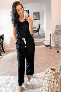 PRETTYGARDEN Womens Casual Solid Sleeveless Jumpsuit Crewneck Drawstring Waist Stretchy Long Pants Romper with Pockets PRETTYGARDEN