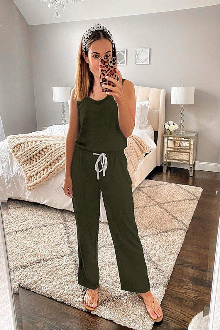 PRETTYGARDEN Womens Casual Solid Sleeveless Jumpsuit Crewneck Drawstring Waist Stretchy Long Pants Romper with Pockets PRETTYGARDEN