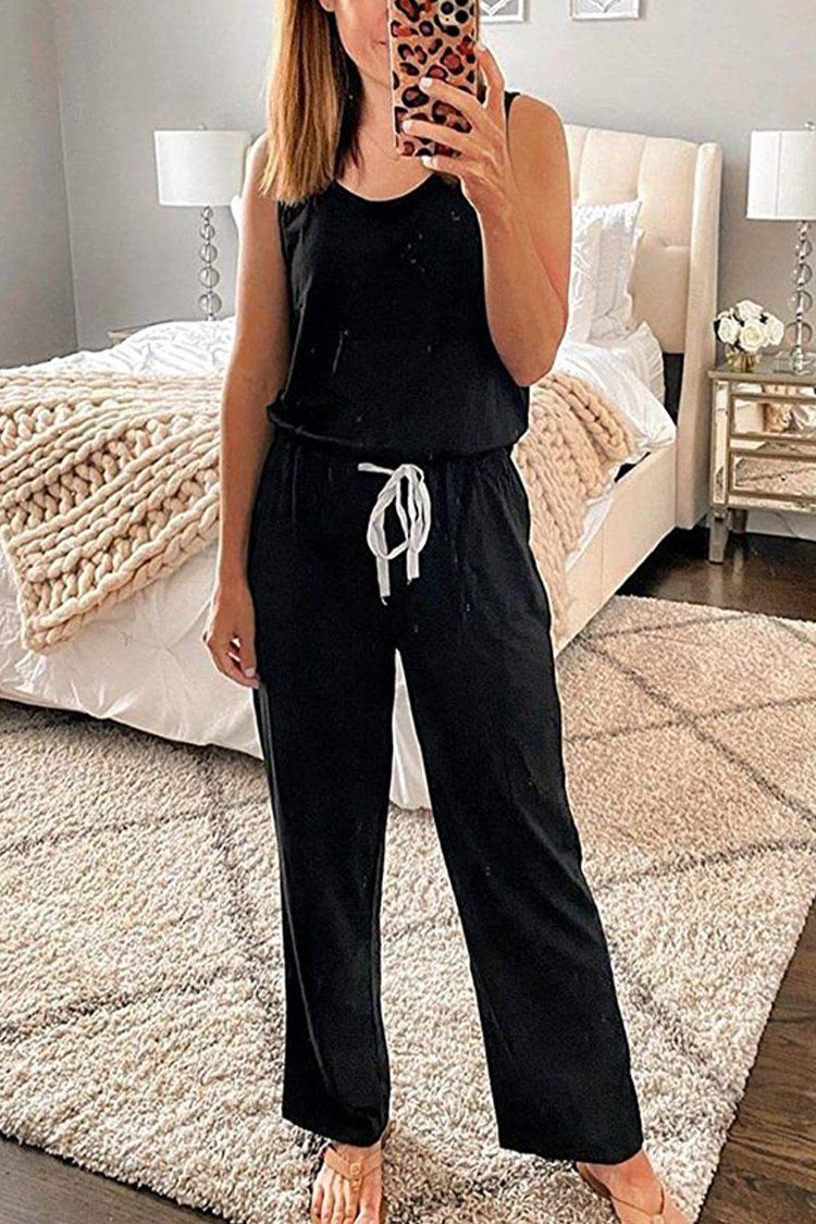 PRETTYGARDEN Womens Casual Solid Sleeveless Jumpsuit Crewneck Drawstring Waist Stretchy Long Pants Romper with Pockets PRETTYGARDEN