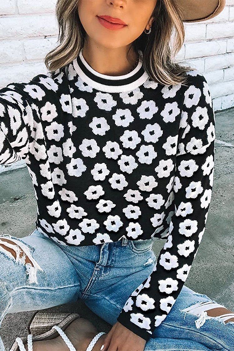 PRETTYGARDEN Womens Mock Neck Knitted Sweater Long Sleeve Floral Print Sweater Top PRETTYGARDEN