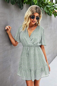 PRETTYGARDEN Womens Summer Dress Short Sleeve Ruffle Sexy V Neck High Waist Short Flowy Mini Dress with Belt PRETTYGARDEN