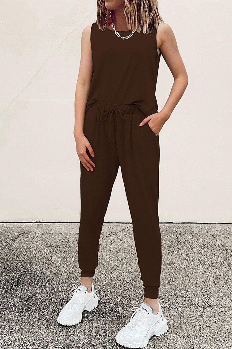 PRETTYGARDEN Womens Two Piece Outfit Sleeveless Crewneck Tops With Sweatpants Active Tracksuit Lounge Wear With Pockets PRETTYGARDEN