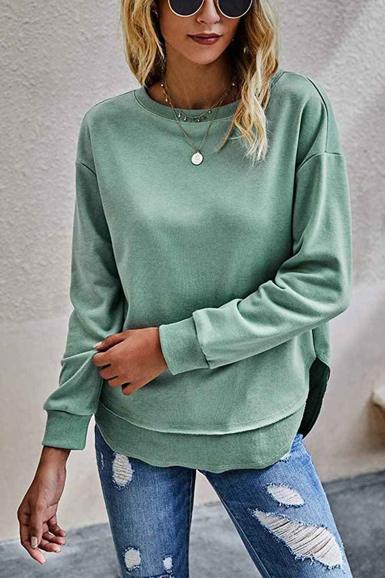 PRETTYGARDN Womens Solid Sweatshirt Crew Neck Long Sleeve Side Split Pullover Top PRETTYGARDEN