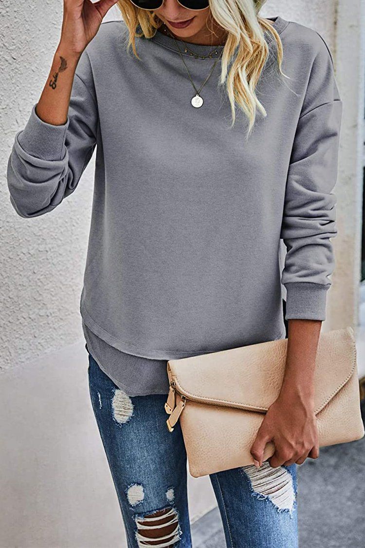 PRETTYGARDN Womens Solid Sweatshirt Crew Neck Long Sleeve Side Split Pullover Top PRETTYGARDEN