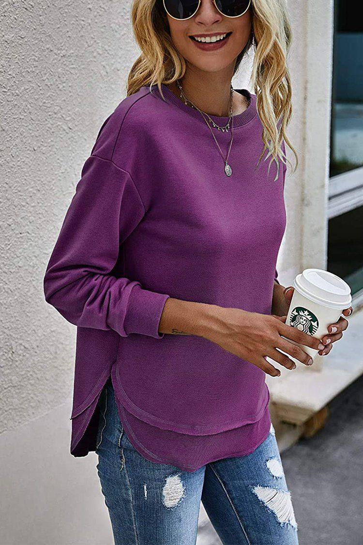 PRETTYGARDN Womens Solid Sweatshirt Crew Neck Long Sleeve Side Split Pullover Top PRETTYGARDEN