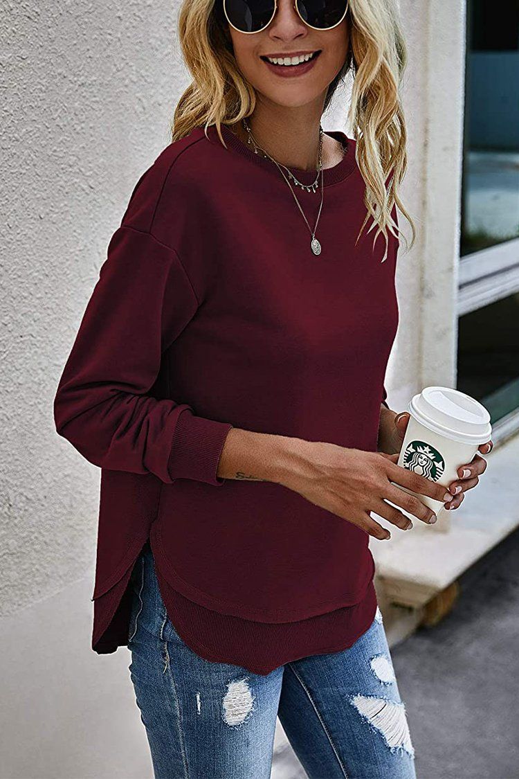 PRETTYGARDN Womens Solid Sweatshirt Crew Neck Long Sleeve Side Split Pullover Top PRETTYGARDEN