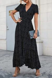 Polka Dot/ Floral V Neck Short Sleeve Wrap Ruffle Hem Split Long Dresses PRETTYGARDEN