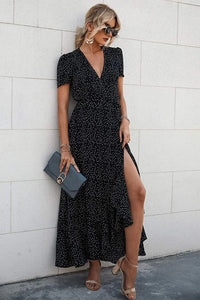 Polka Dot/ Floral V Neck Short Sleeve Wrap Ruffle Hem Split Long Dresses PRETTYGARDEN