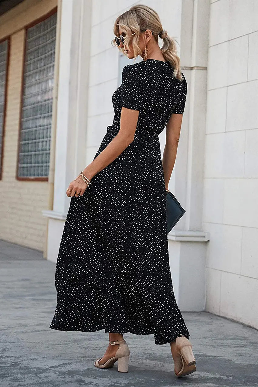 Polka Dot/ Floral V Neck Short Sleeve Wrap Ruffle Hem Split Long Dresses PRETTYGARDEN