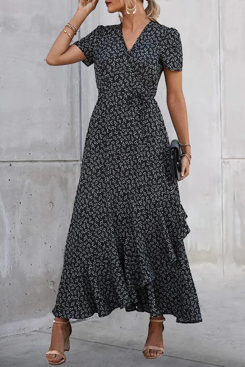 Polka Dot/ Floral V Neck Short Sleeve Wrap Ruffle Hem Split Long Dresses PRETTYGARDEN