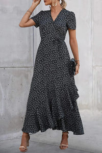 Polka Dot/ Floral V Neck Short Sleeve Wrap Ruffle Hem Split Long Dresses PRETTYGARDEN