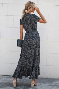 Polka Dot/ Floral V Neck Short Sleeve Wrap Ruffle Hem Split Long Dresses PRETTYGARDEN