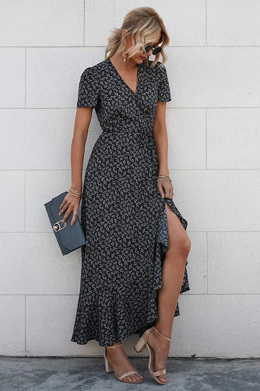 Polka Dot/ Floral V Neck Short Sleeve Wrap Ruffle Hem Split Long Dresses PRETTYGARDEN