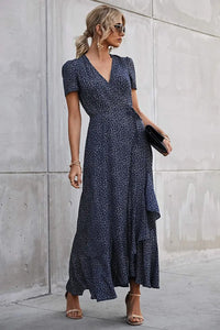 Polka Dot/ Floral V Neck Short Sleeve Wrap Ruffle Hem Split Long Dresses PRETTYGARDEN