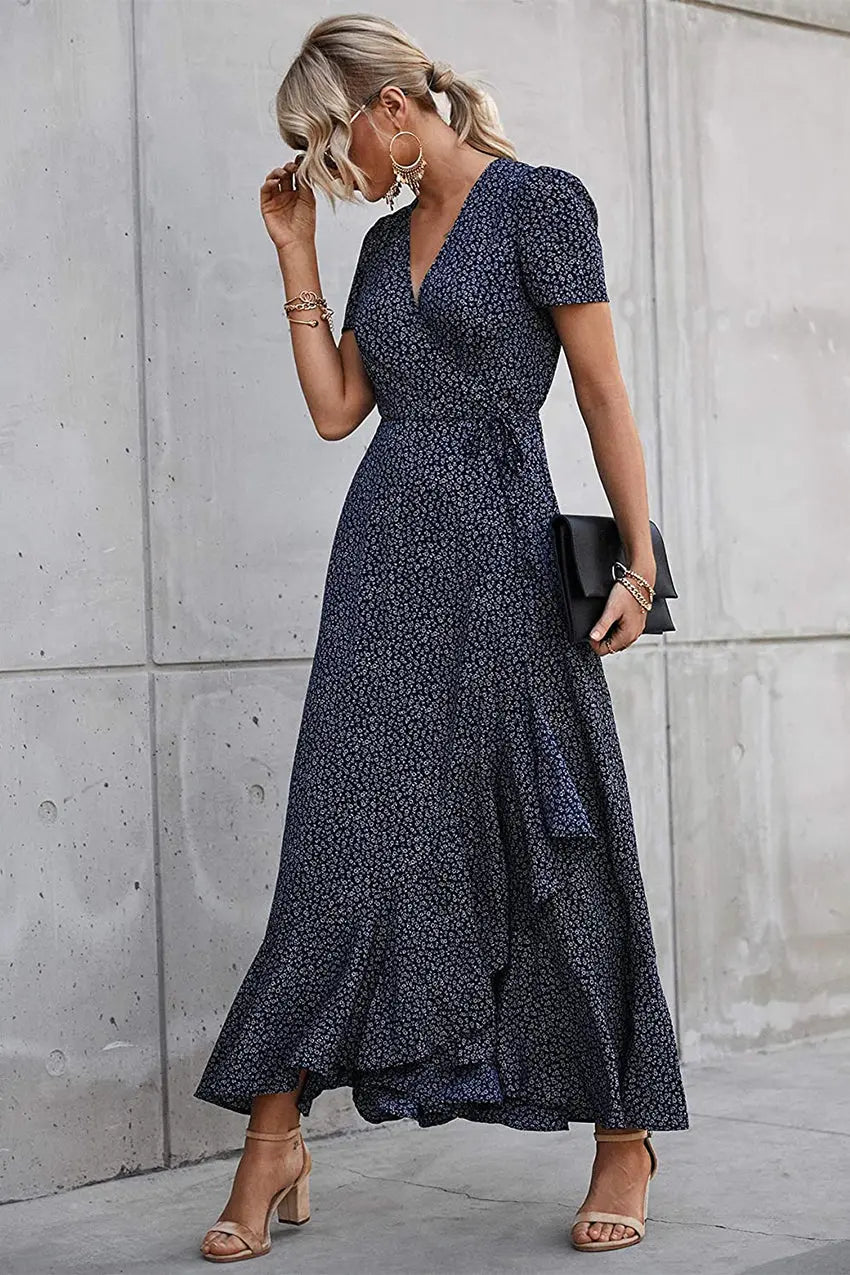 Polka Dot/ Floral V Neck Short Sleeve Wrap Ruffle Hem Split Long Dresses PRETTYGARDEN