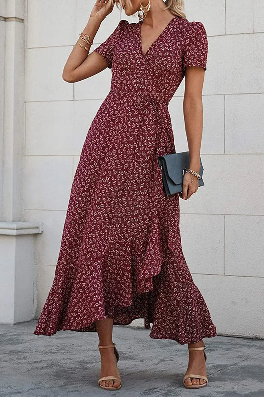 Polka Dot/ Floral V Neck Short Sleeve Wrap Ruffle Hem Split Long Dresses PRETTYGARDEN