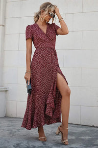 Polka Dot/ Floral V Neck Short Sleeve Wrap Ruffle Hem Split Long Dresses PRETTYGARDEN